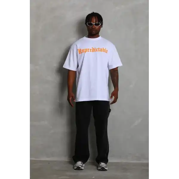 Erkek Baskılı Tişört Kısa Kol Bisiklet Yaka Oversize T-Shirt - Beyaz