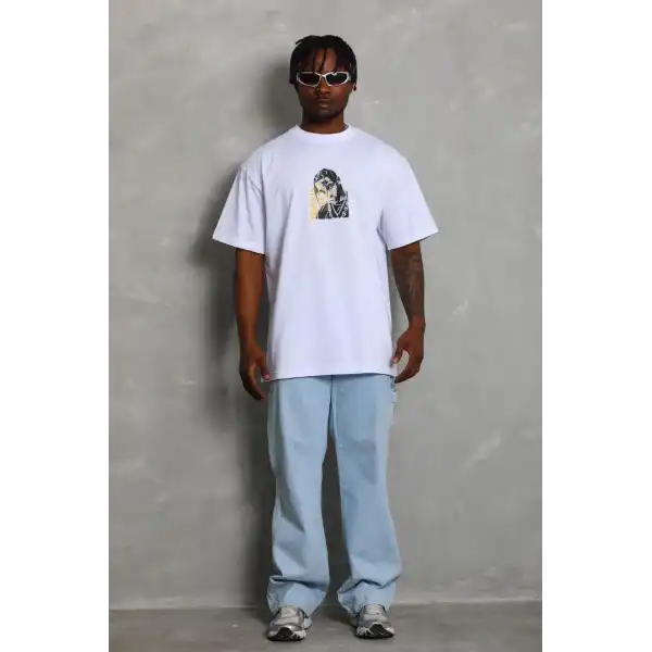 Erkek Baskılı Tişört Kısa Kol Bisiklet Yaka Oversize T-Shirt - Beyaz