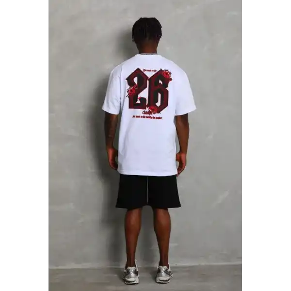 Erkek Baskılı Tişört Kısa Kol Bisiklet Yaka Oversize T-Shirt - Beyaz