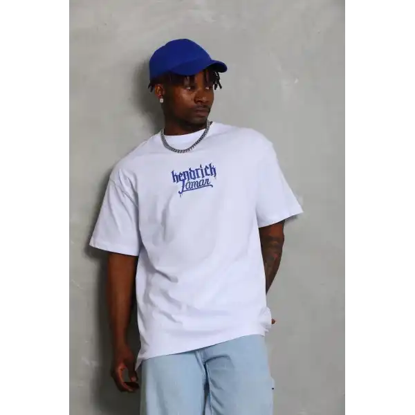 Erkek Baskılı Tişört Kısa Kol Bisiklet Yaka Oversize T-Shirt - Beyaz