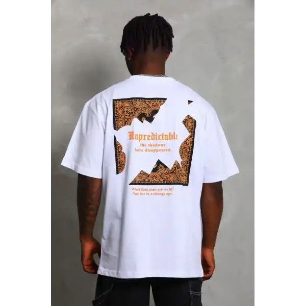 Erkek Baskılı Tişört Kısa Kol Bisiklet Yaka Oversize T-Shirt - Beyaz