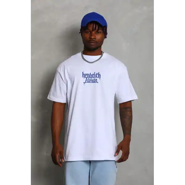 Erkek Baskılı Tişört Kısa Kol Bisiklet Yaka Oversize T-Shirt - Beyaz