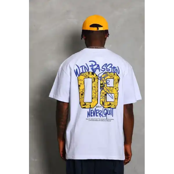 Erkek Baskılı Tişört Kısa Kol Bisiklet Yaka Oversize T-Shirt - Beyaz