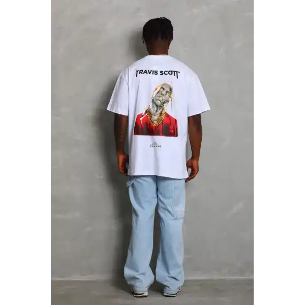 Erkek Baskılı Tişört Kısa Kol Bisiklet Yaka Oversize T-Shirt - Beyaz