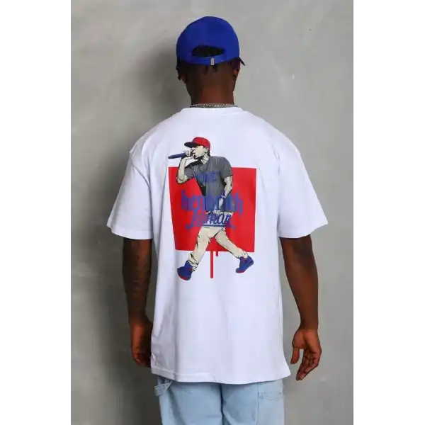 Erkek Baskılı Tişört Kısa Kol Bisiklet Yaka Oversize T-Shirt - Beyaz