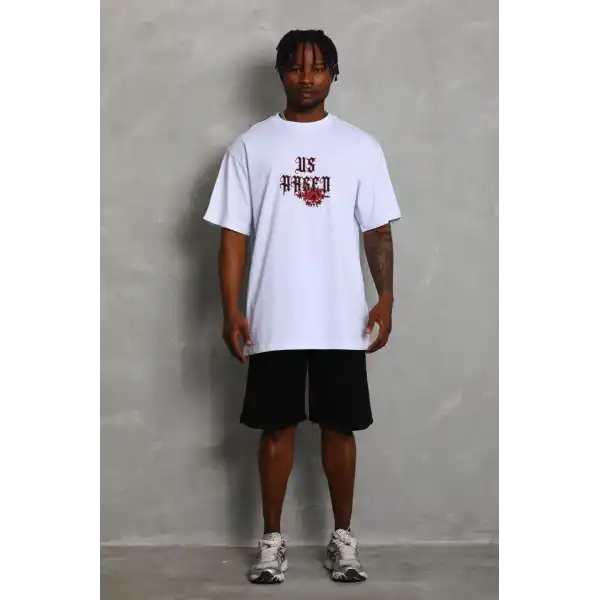 Erkek Baskılı Tişört Kısa Kol Bisiklet Yaka Oversize T-Shirt - Beyaz