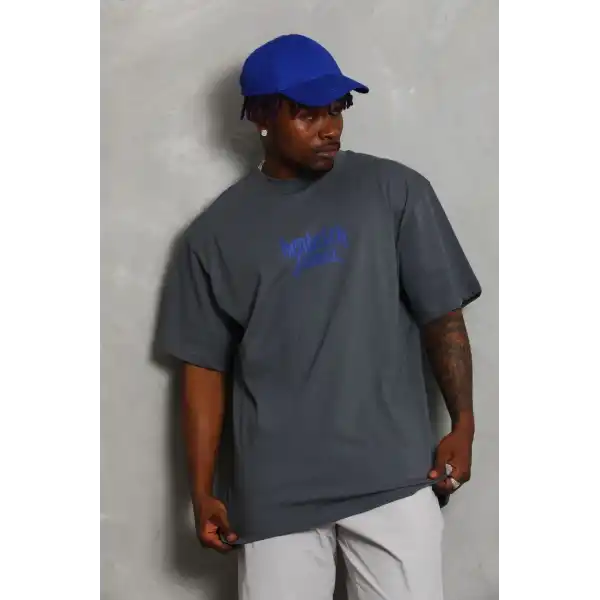 Erkek Baskılı Tişört Kısa Kol Bisiklet Yaka Oversize T-Shirt - Füme