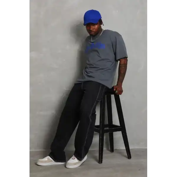 Erkek Baskılı Tişort Kısa Kol Bisiklet Yaka Oversize T-Shirt - Füme