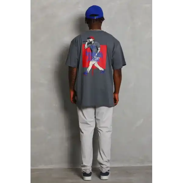 Erkek Baskılı Tişört Kısa Kol Bisiklet Yaka Oversize T-Shirt - Füme