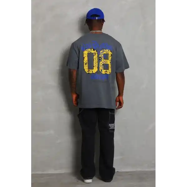 Erkek Baskılı Tişort Kısa Kol Bisiklet Yaka Oversize T-Shirt - Füme
