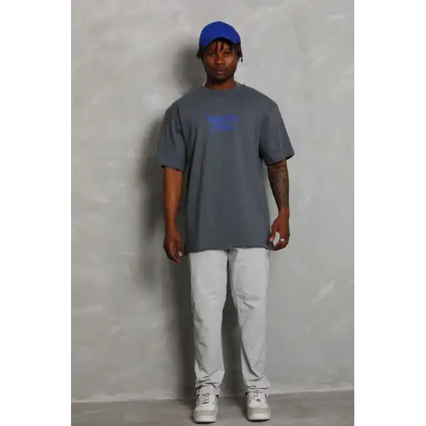Erkek Baskılı Tişört Kısa Kol Bisiklet Yaka Oversize T-Shirt - Füme