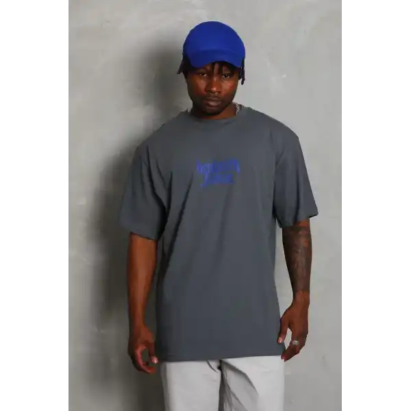Erkek Baskılı Tişört Kısa Kol Bisiklet Yaka Oversize T-Shirt - Füme