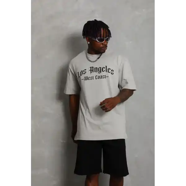 Erkek Baskılı Tişört Kısa Kol Bisiklet Yaka Oversize T-Shirt - Gri