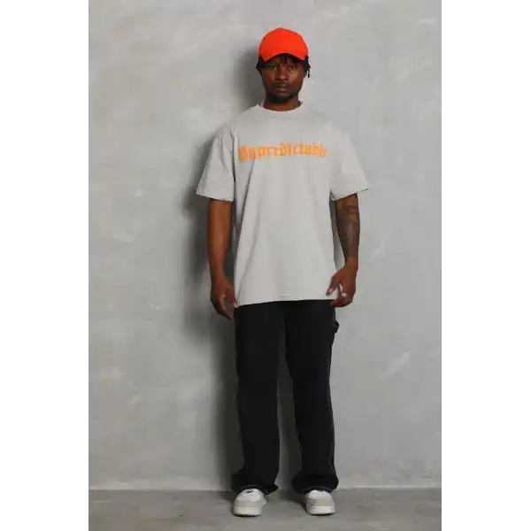 Erkek Baskılı Tişört Kısa Kol Bisiklet Yaka Oversize T-Shirt - Gri