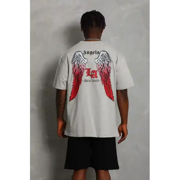 Erkek Baskılı Tişört Kısa Kol Bisiklet Yaka Oversize T-Shirt - Gri