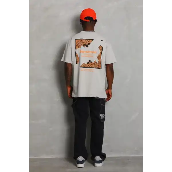 Erkek Baskılı Tişört Kısa Kol Bisiklet Yaka Oversize T-Shirt - Gri