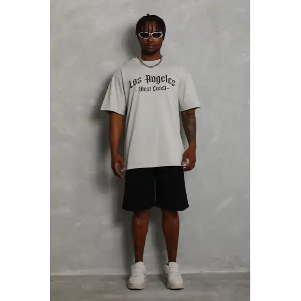 Erkek Baskılı Tişört Kısa Kol Bisiklet Yaka Oversize T-Shirt - Gri