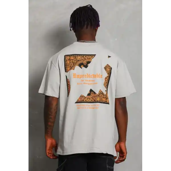 Erkek Baskılı Tişört Kısa Kol Bisiklet Yaka Oversize T-Shirt - Gri