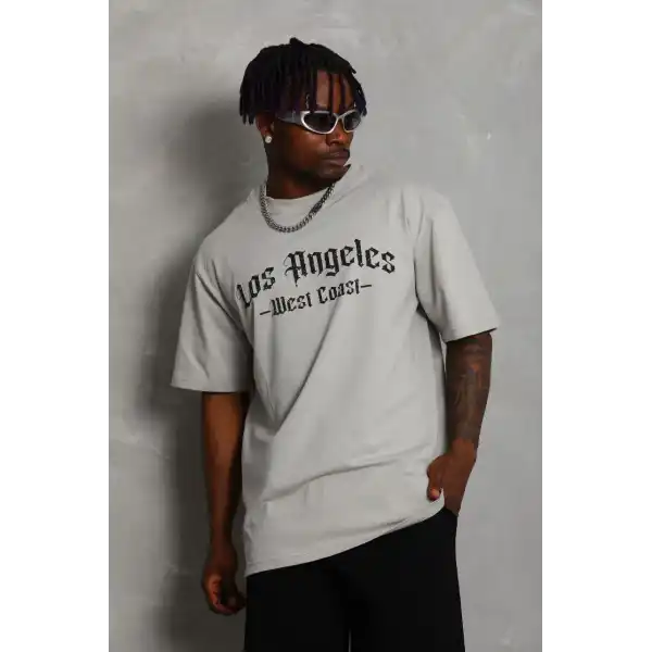 Erkek Baskılı Tişört Kısa Kol Bisiklet Yaka Oversize T-Shirt - Gri