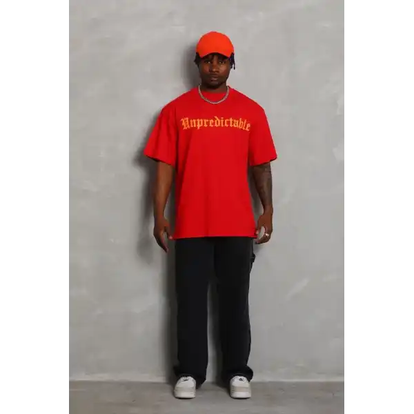 Erkek Baskılı Tişört Kısa Kol Bisiklet Yaka Oversize T-Shirt - Kırmızı