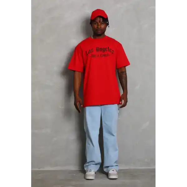 Erkek Baskılı Tişört Kısa Kol Bisiklet Yaka Oversize T-Shirt - Kırmızı