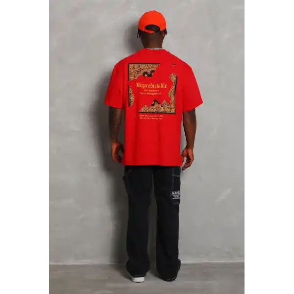Erkek Baskılı Tişört Kısa Kol Bisiklet Yaka Oversize T-Shirt - Kırmızı