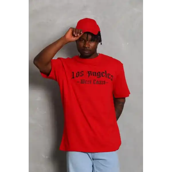 Erkek Baskılı Tişört Kısa Kol Bisiklet Yaka Oversize T-Shirt - Kırmızı
