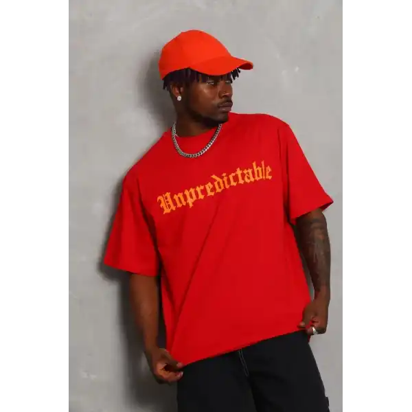 Erkek Baskılı Tişört Kısa Kol Bisiklet Yaka Oversize T-Shirt - Kırmızı