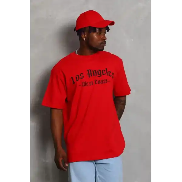 Erkek Baskılı Tişört Kısa Kol Bisiklet Yaka Oversize T-Shirt - Kırmızı