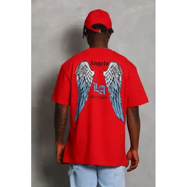 Erkek Baskılı Tişört Kısa Kol Bisiklet Yaka Oversize T-Shirt - Kırmızı