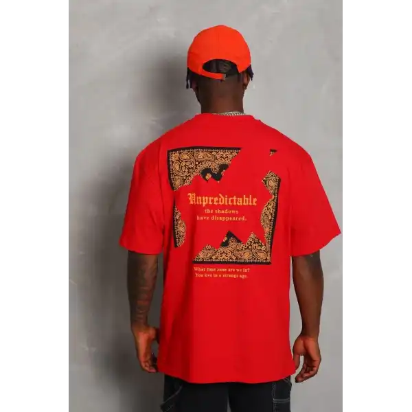 Erkek Baskılı Tişört Kısa Kol Bisiklet Yaka Oversize T-Shirt - Kırmızı