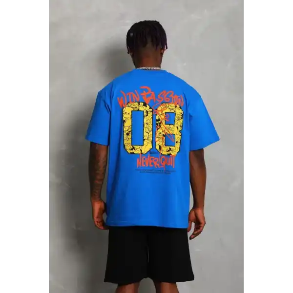 Erkek Baskılı Tişört Kısa Kol Bisiklet Yaka Oversize T-Shirt - Mavi
