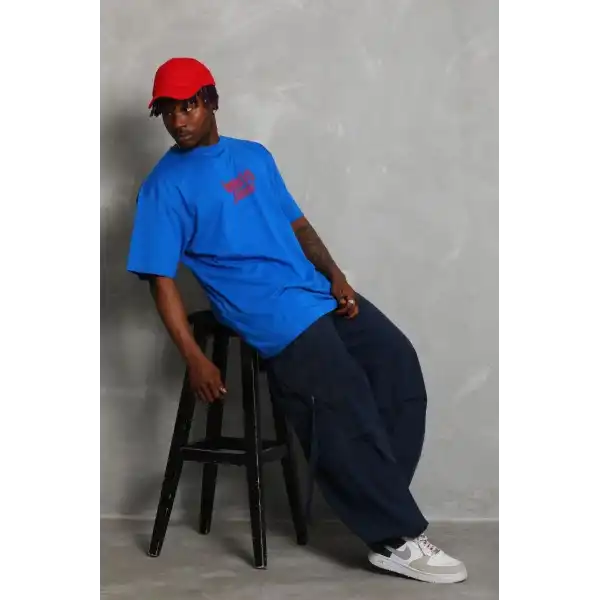 Erkek Baskılı Tişört Kısa Kol Bisiklet Yaka Oversize T-Shirt - Mavi