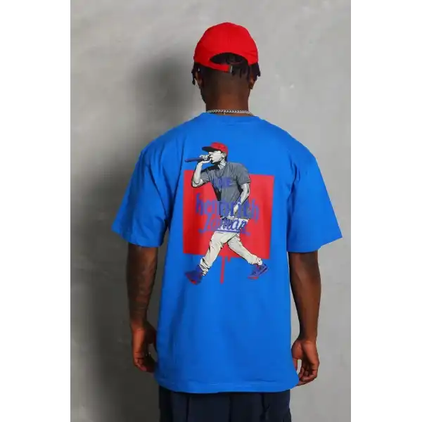 Erkek Baskılı Tişört Kısa Kol Bisiklet Yaka Oversize T-Shirt - Mavi