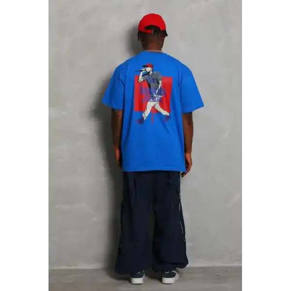 Erkek Baskılı Tişört Kısa Kol Bisiklet Yaka Oversize T-Shirt - Mavi