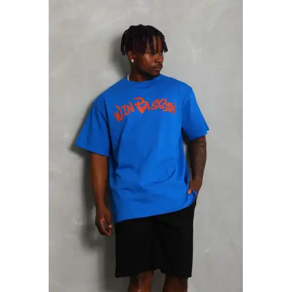 Erkek Baskılı Tişört Kısa Kol Bisiklet Yaka Oversize T-Shirt - Mavi