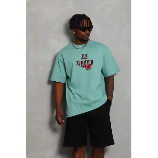 Erkek Baskılı Tişört Kısa Kol Bisiklet Yaka Oversize T-Shirt - Mint Yeşili