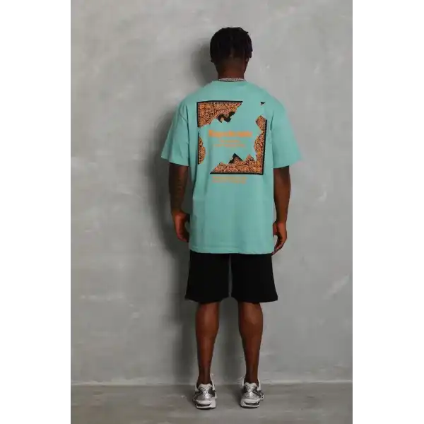 Erkek Baskılı Tişört Kısa Kol Bisiklet Yaka Oversize T-Shirt - Mint Yeşili