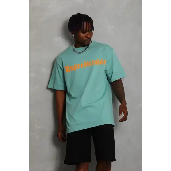 Erkek Baskılı Tişört Kısa Kol Bisiklet Yaka Oversize T-Shirt - Mint Yeşili
