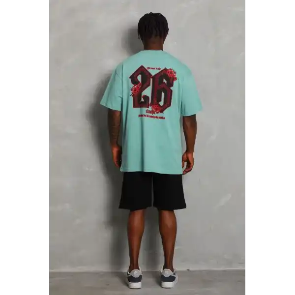 Erkek Baskılı Tişört Kısa Kol Bisiklet Yaka Oversize T-Shirt - Mint Yeşili