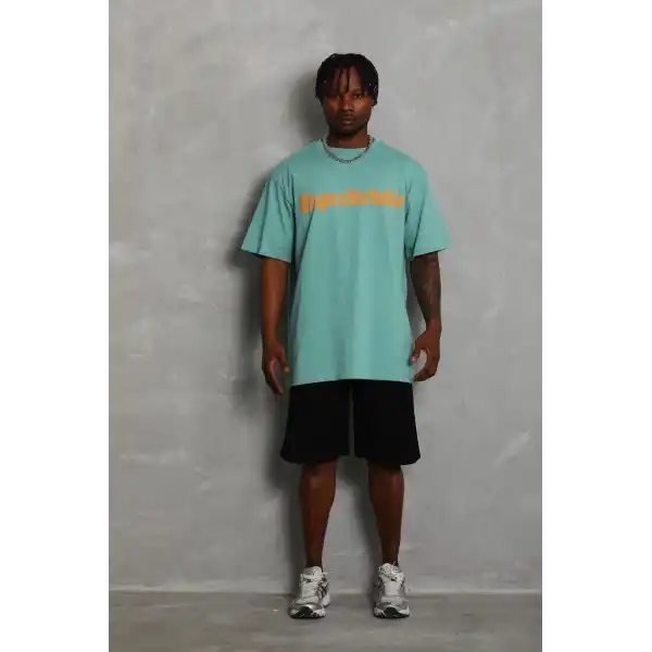 Erkek Baskılı Tişört Kısa Kol Bisiklet Yaka Oversize T-Shirt - Mint Yeşili