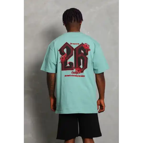 Erkek Baskılı Tişört Kısa Kol Bisiklet Yaka Oversize T-Shirt - Mint Yeşili