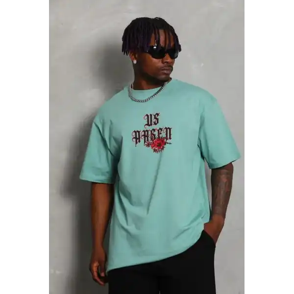 Erkek Baskılı Tişört Kısa Kol Bisiklet Yaka Oversize T-Shirt - Mint Yeşili