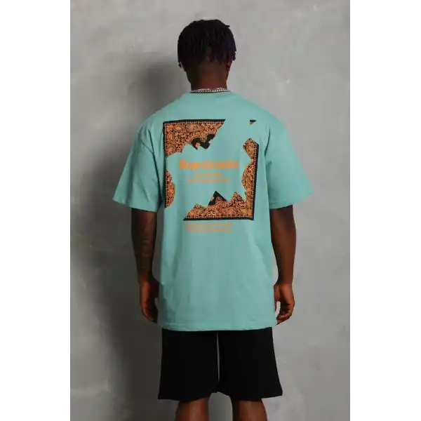 Erkek Baskılı Tişört Kısa Kol Bisiklet Yaka Oversize T-Shirt - Mint Yeşili