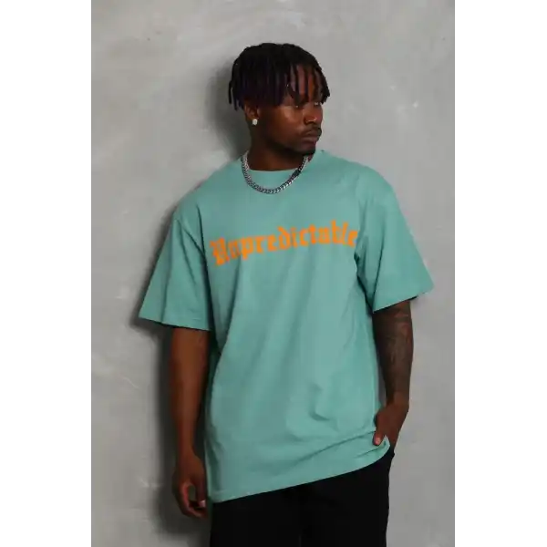 Erkek Baskılı Tişört Kısa Kol Bisiklet Yaka Oversize T-Shirt - Mint Yeşili
