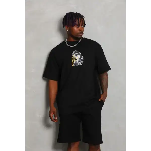 Erkek Baskılı Tişört Kısa Kol Bisiklet Yaka Oversize T-Shirt - Siyah
