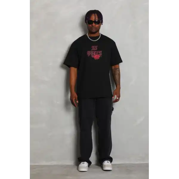 Erkek Baskılı Tişört Kısa Kol Bisiklet Yaka Oversize T-Shirt - Siyah