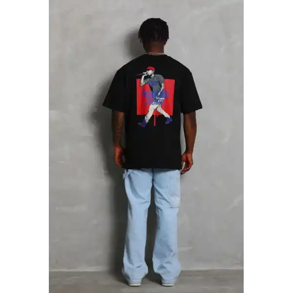 Erkek Baskılı Tişört Kısa Kol Bisiklet Yaka Oversize T-Shirt - - Siyah