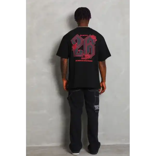 Erkek Baskılı Tişört Kısa Kol Bisiklet Yaka Oversize T-Shirt - Siyah
