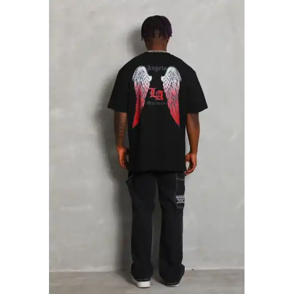 Erkek Baskılı Tişört Kısa Kol Bisiklet Yaka Oversize T-Shirt - Siyah
